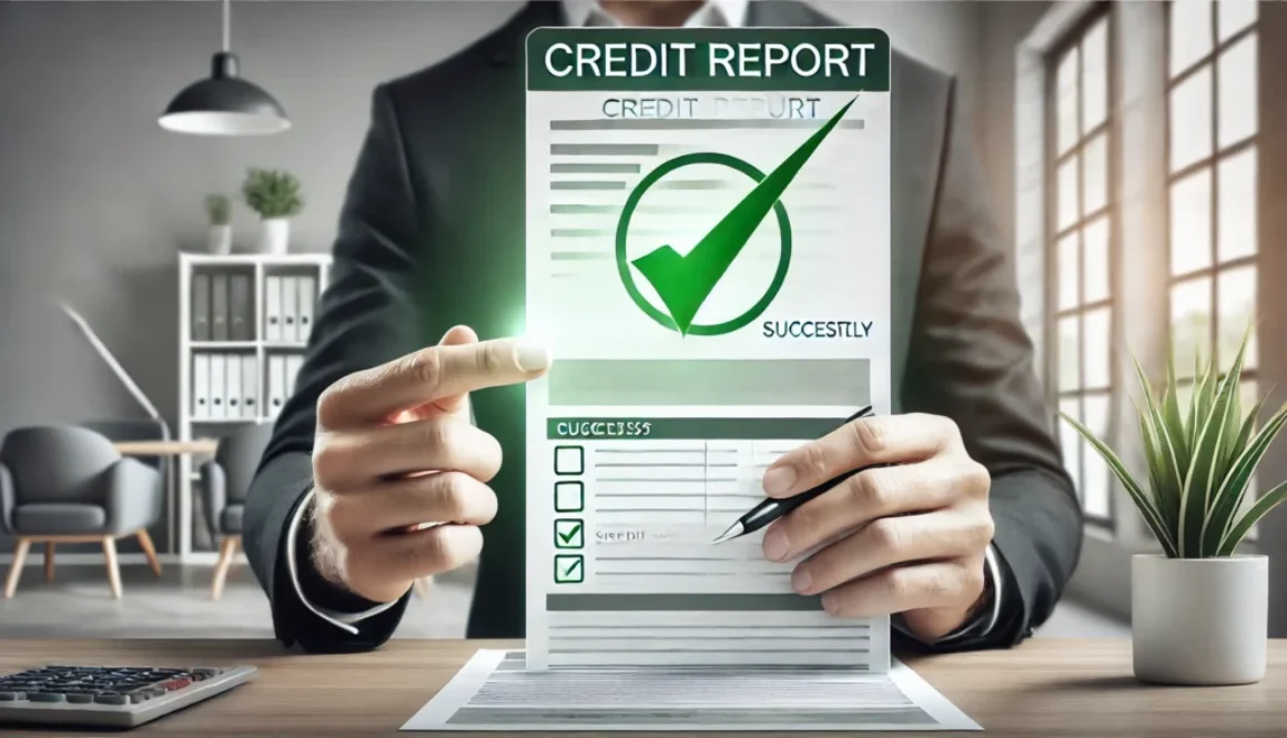 DALL·E 2025-02-21 18.24.09 - A banner-style image showing a person successfully correcting their credit report. A green checkmark appears on the report, symbolizing success. The b